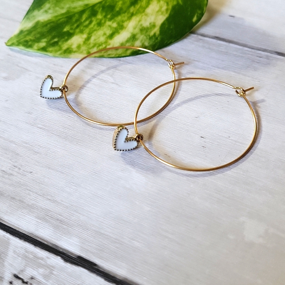 Thin Gold Wire Hoop Earrings with White Heart Charm